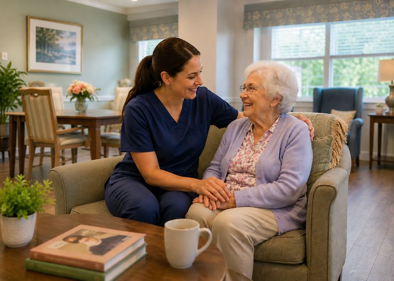 Caring staff with resident at The Waters of Smyrna